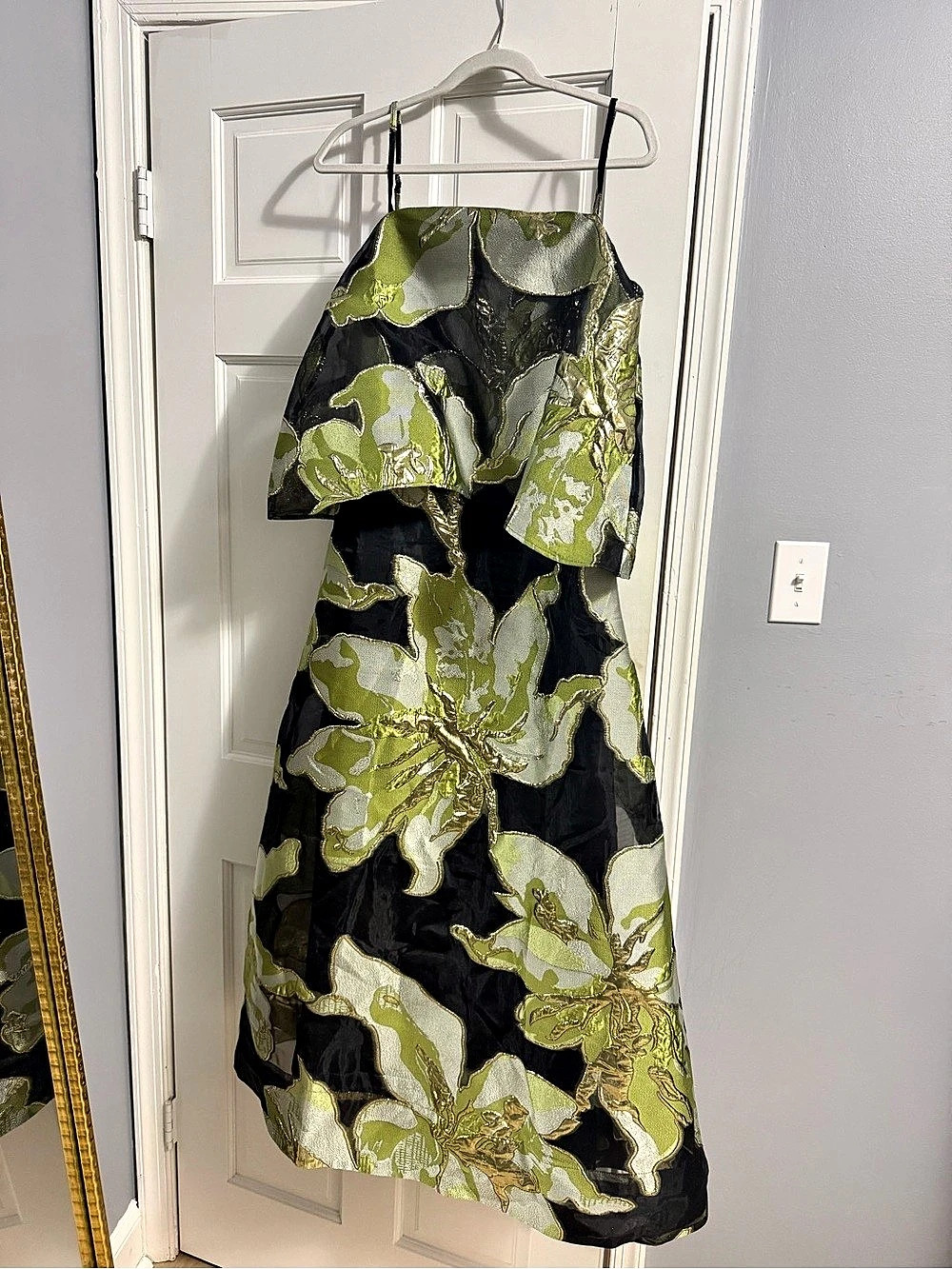 Sunfere She Walked In Black Floral Spaghetti Strap Maxi Dress Black & Green